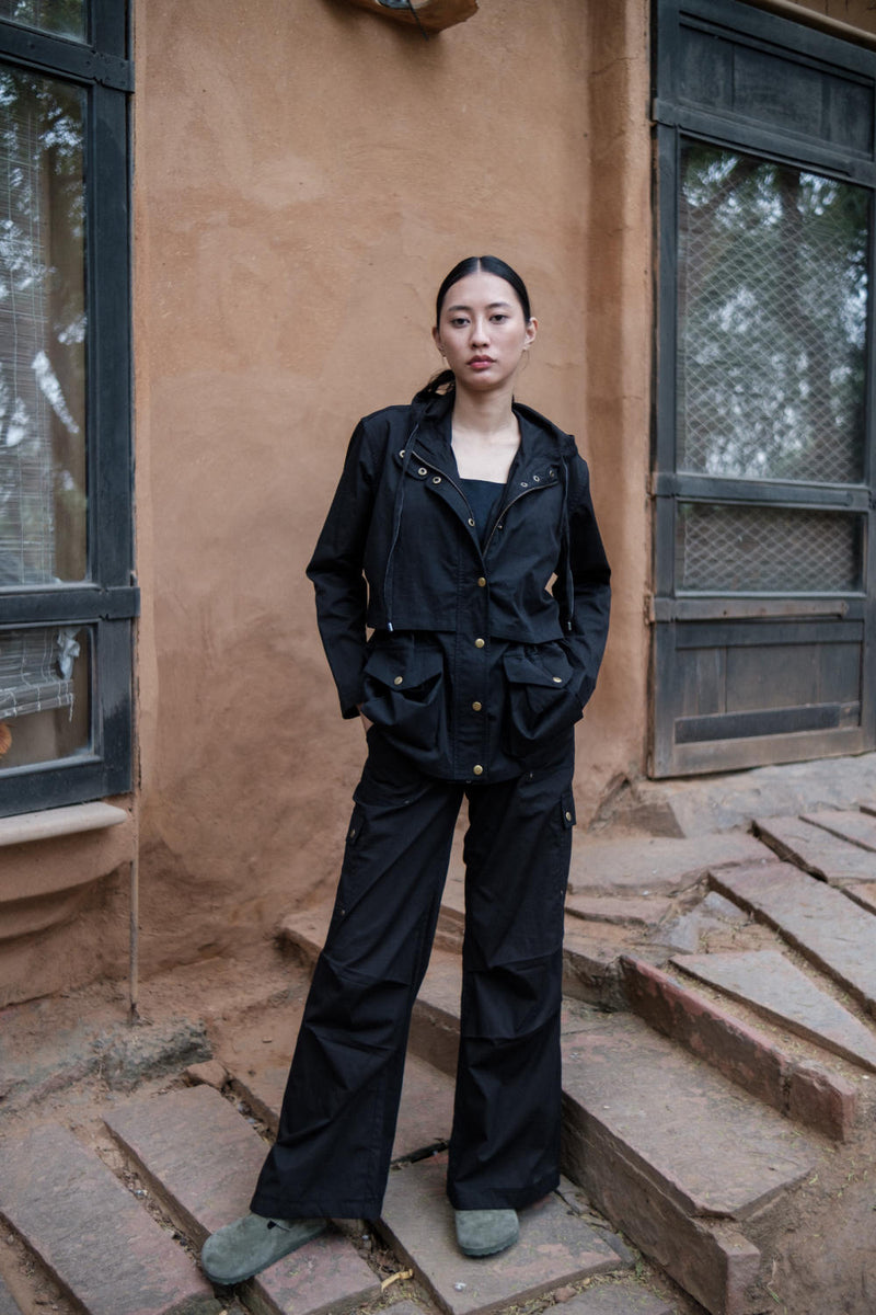 Kyoto Utility Jacket-Black cotton by The Terra Tribe in black color for women in Singapore