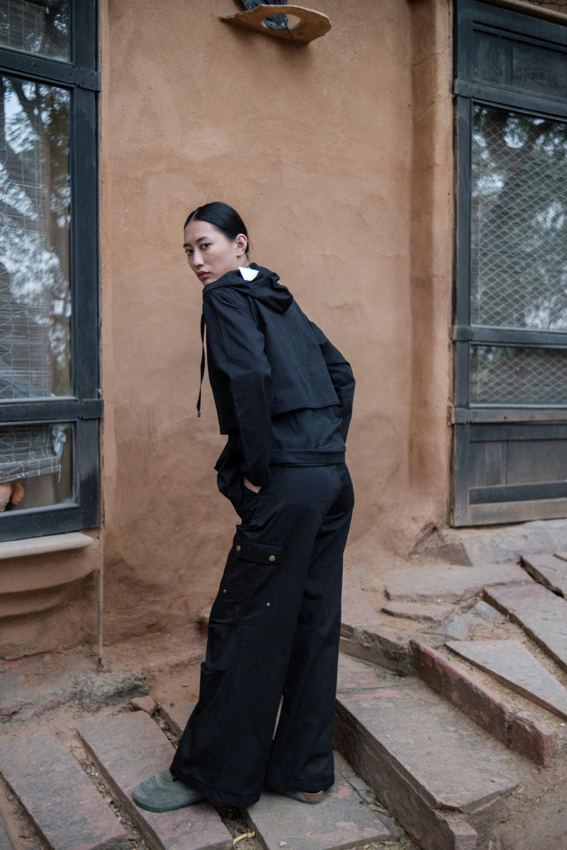 Kyoto Utility Jacket-Black cotton by The Terra Tribe in black color for women in Singapore