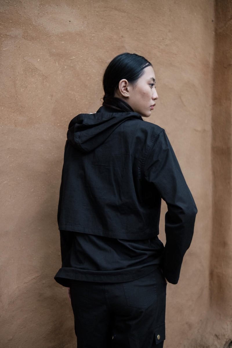 Kyoto Utility Jacket-Black cotton by The Terra Tribe in black color for women in Singapore