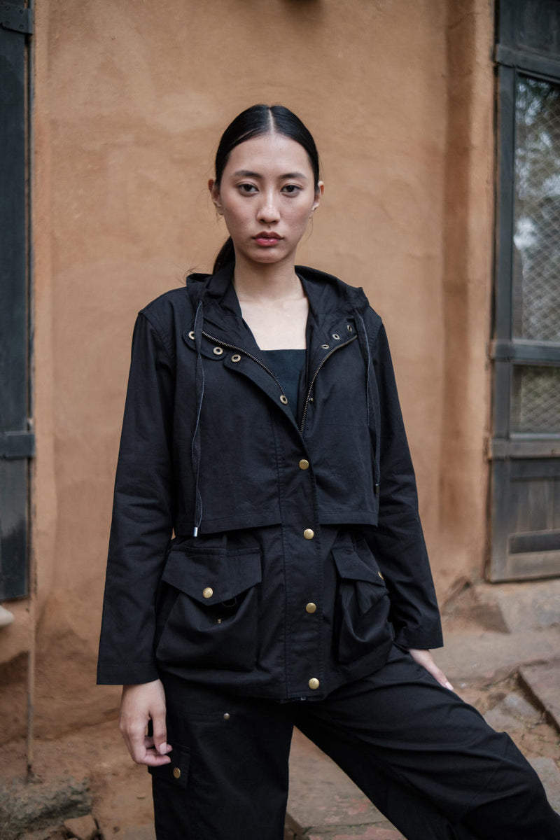 Kyoto Utility Jacket-Black cotton by The Terra Tribe in black color for women in Singapore