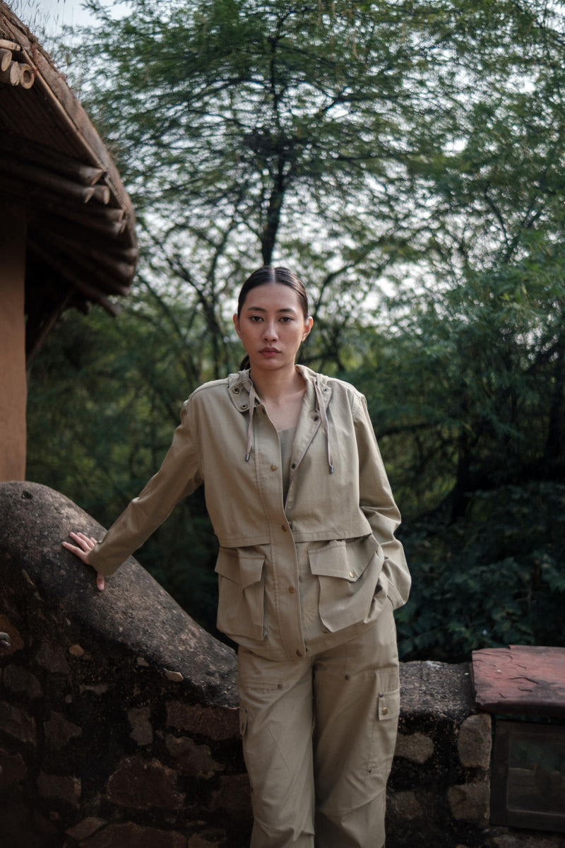 Kyoto Utility Jacket-Khaki cotton by The Terra Tribe for women in Singapore