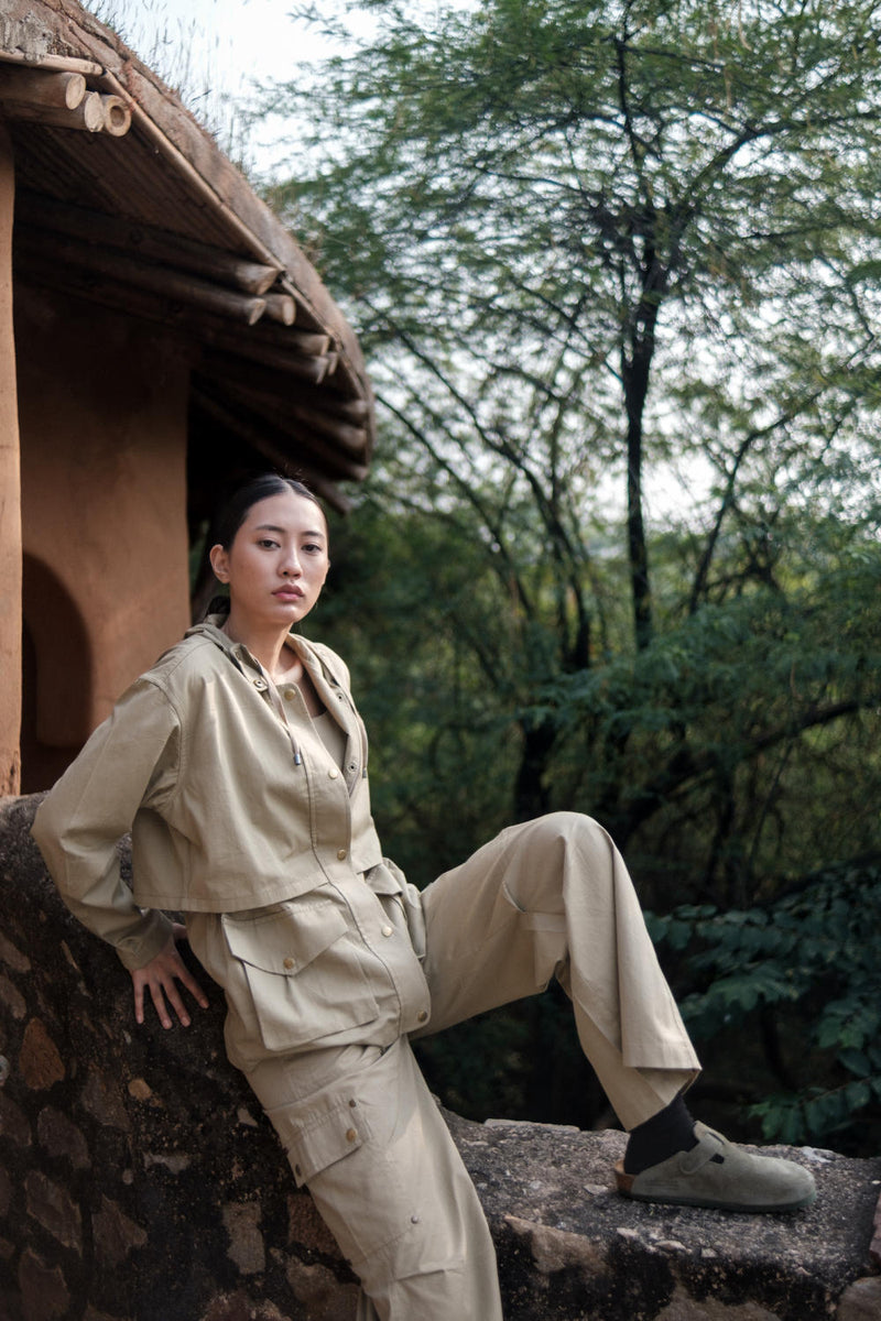 Kyoto Utility Jacket-Khaki cotton by The Terra Tribe for women in Singapore