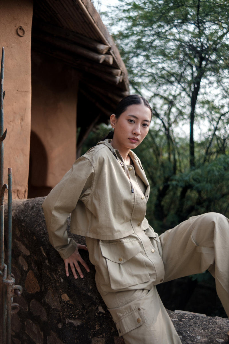 Kyoto Utility Jacket-Khaki cotton by The Terra Tribe for women in Singapore