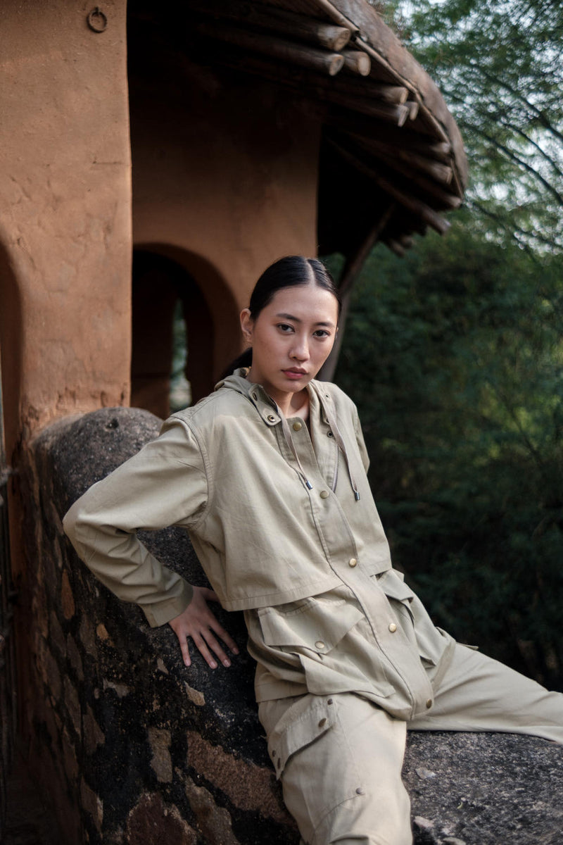 Kyoto Utility Jacket-Khaki cotton by The Terra Tribe for women in Singapore
