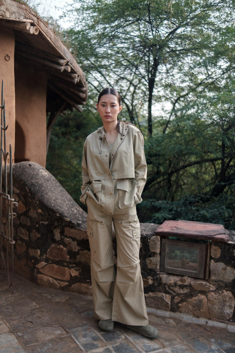 Kyoto Utility Jacket-Khaki cotton by The Terra Tribe for women in Singapore