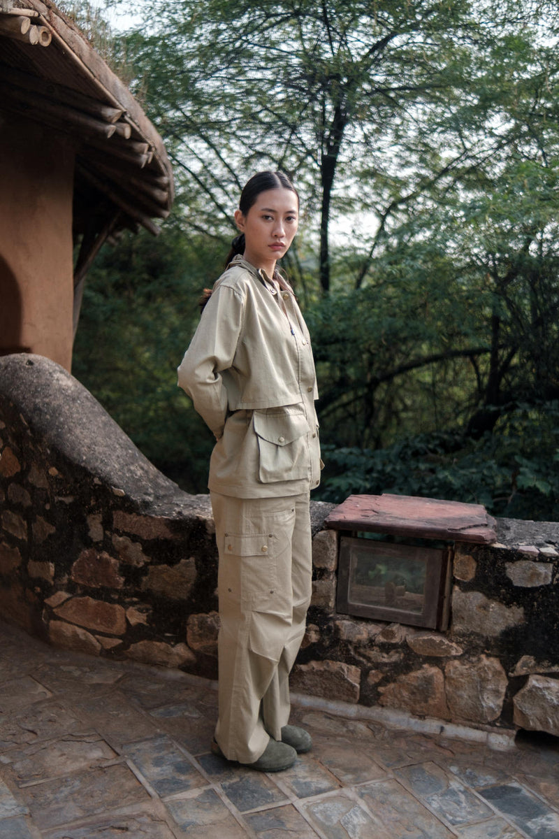 Kyoto Utility Jacket-Khaki cotton by The Terra Tribe for women in Singapore