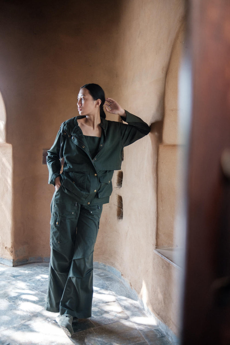 Kyoto Utility Jacket-Deep Green cotton by The Terra Tribe in green color for women in Singapore