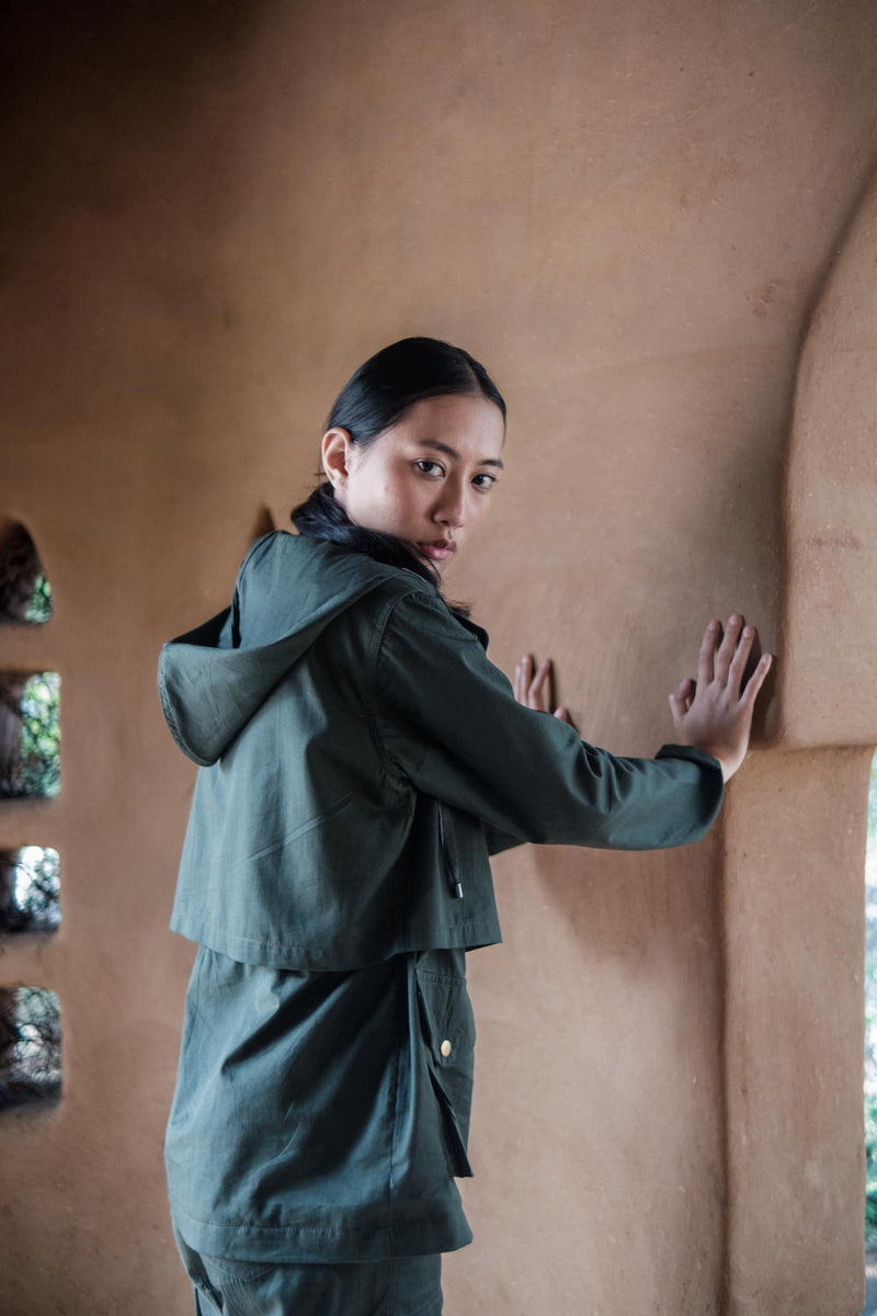 Kyoto Utility Jacket-Deep Green cotton by The Terra Tribe in green color for women in Singapore