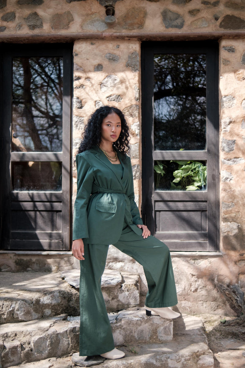 Cambridge Blazer-Deep Green cotton by The Terra Tribe in green color for women in Singapore