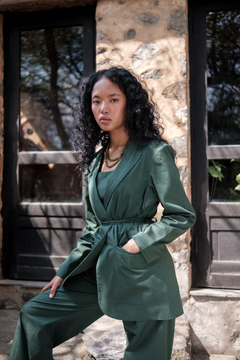 Cambridge Blazer-Deep Green cotton by The Terra Tribe in green color for women in Singapore