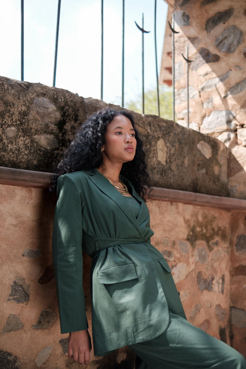 Cambridge Blazer-Deep Green cotton by The Terra Tribe in green color for women in Singapore