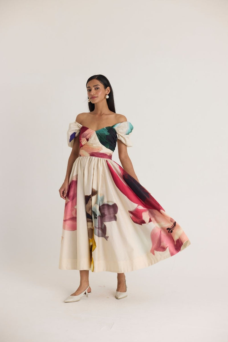 LILA PUFF SLEEVE DRESS satin by Yam in white color for women in Singapore