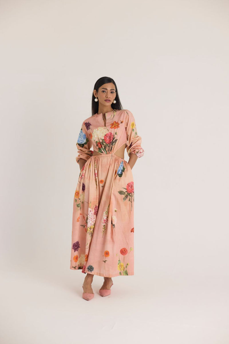 BUTTERCUP BOTH SIDE CUT DRESS satin by Yam in peach color for women in Singapore