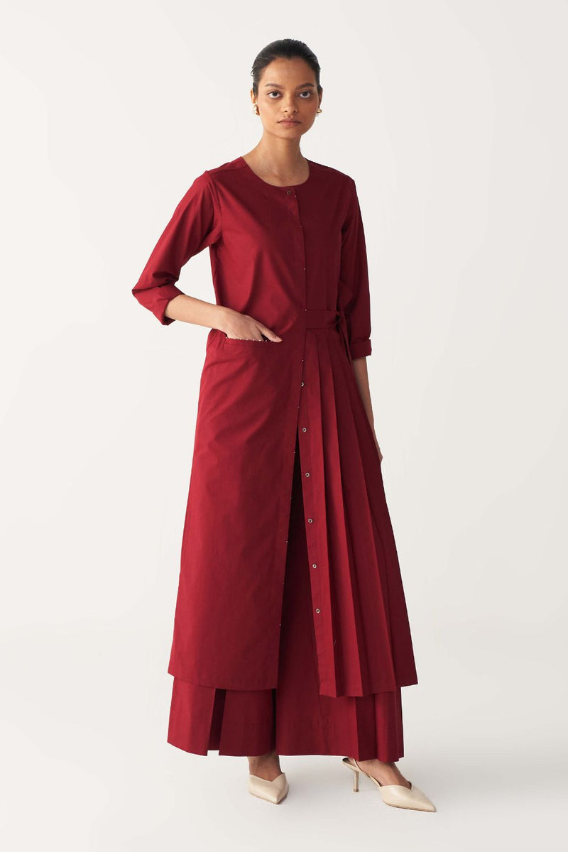 FRONT PLEAT TUNIC-MADDER RED poplin by THREE in red color for women in Singapore