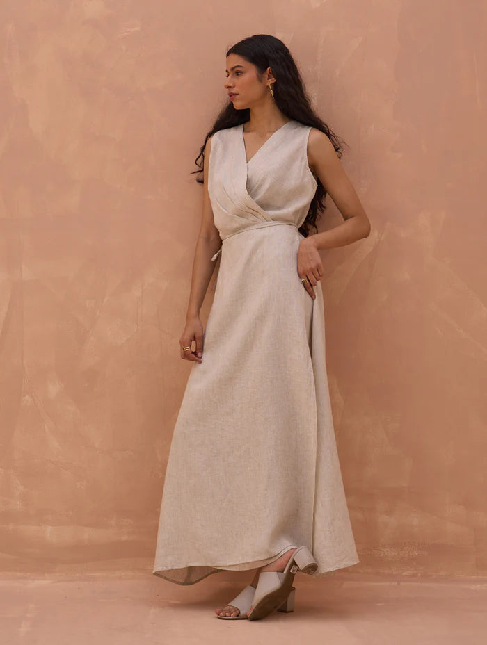 Maya Linen Dress with Jacket-Off White linen by Manan in white color for women in Singapore