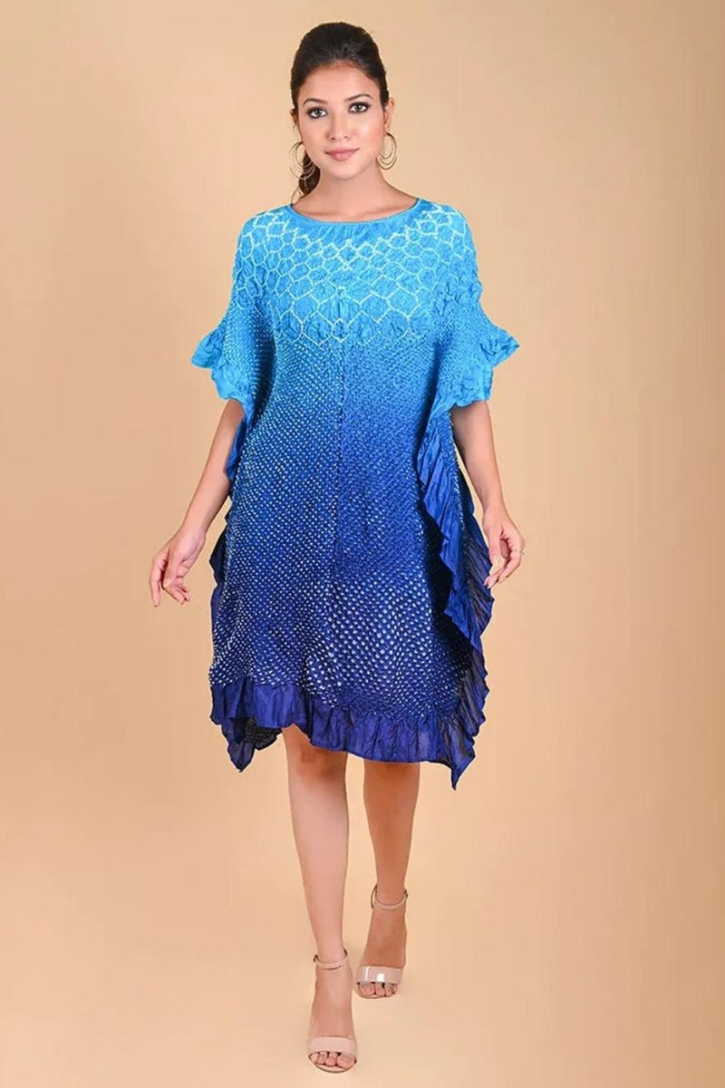 SUNFLOWER KAFTAN-TURQUOISE TO INDIGO SHADED silk by Dyelogue in multi color for women in Singapore