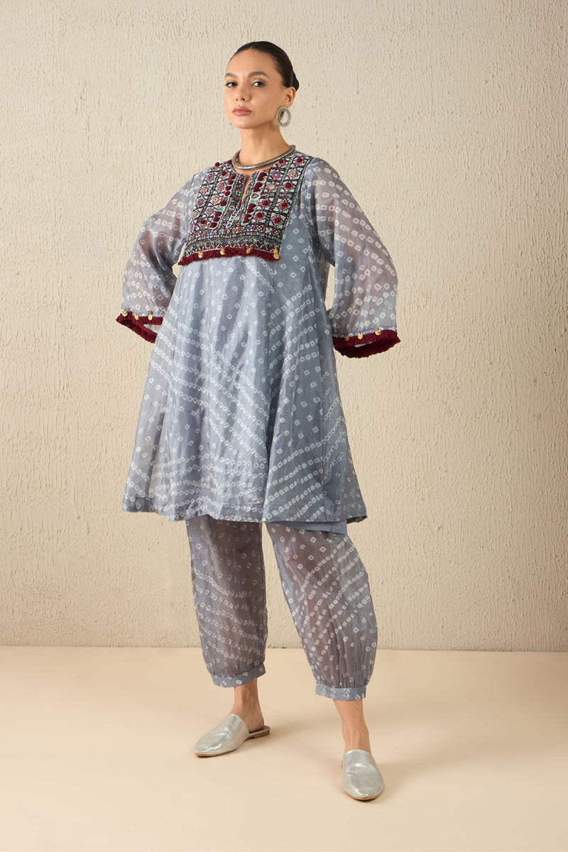 AFGHANI BANDHANI SET - Light Grey silk by Aavidi in yellow color for women in Singapore