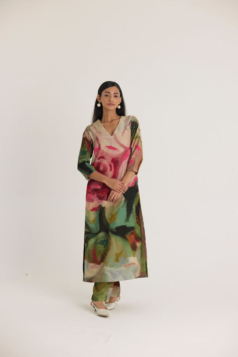TILLY EMROIDERED LONG V NECK KURTA SET mul by Yam in multi color for women in Singapore