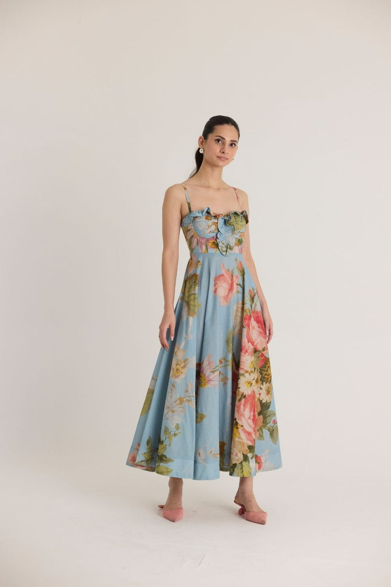 TAFFY COTTON FRILLS DRESS cotton by Yam in blue color for women in Singapore