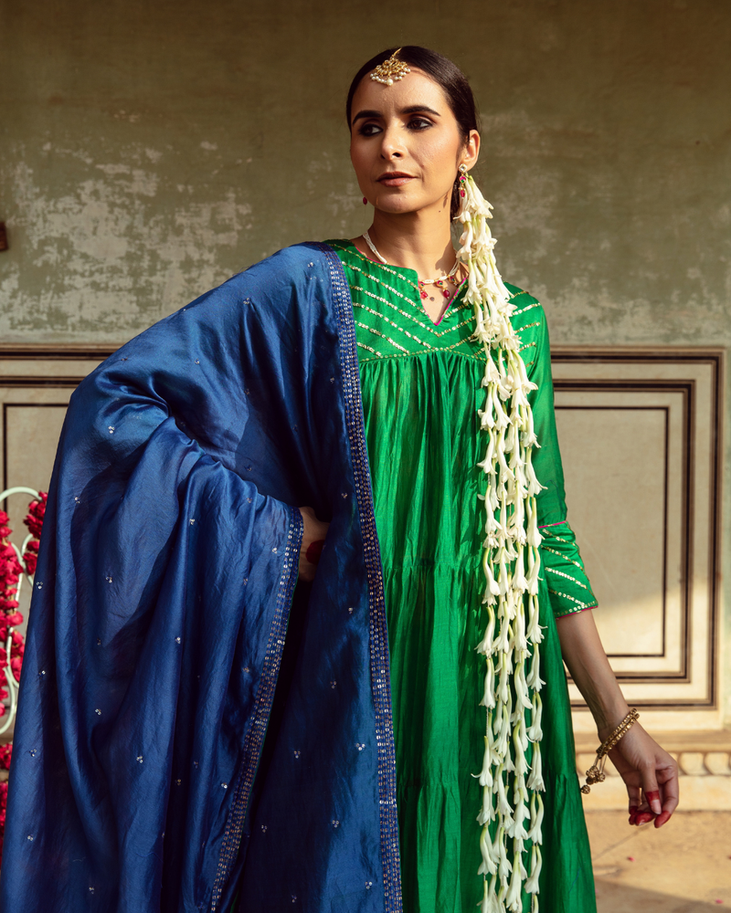 Green & Blue Chanderi Silk Embroidered Tiered Kurta Set silk Buy Green & Blue Chanderi Silk Embroidered Tiered Kurta Set from C&W | Kurta/Kurta Sets for Women by Maison Shefali in multi color for women in Singapore