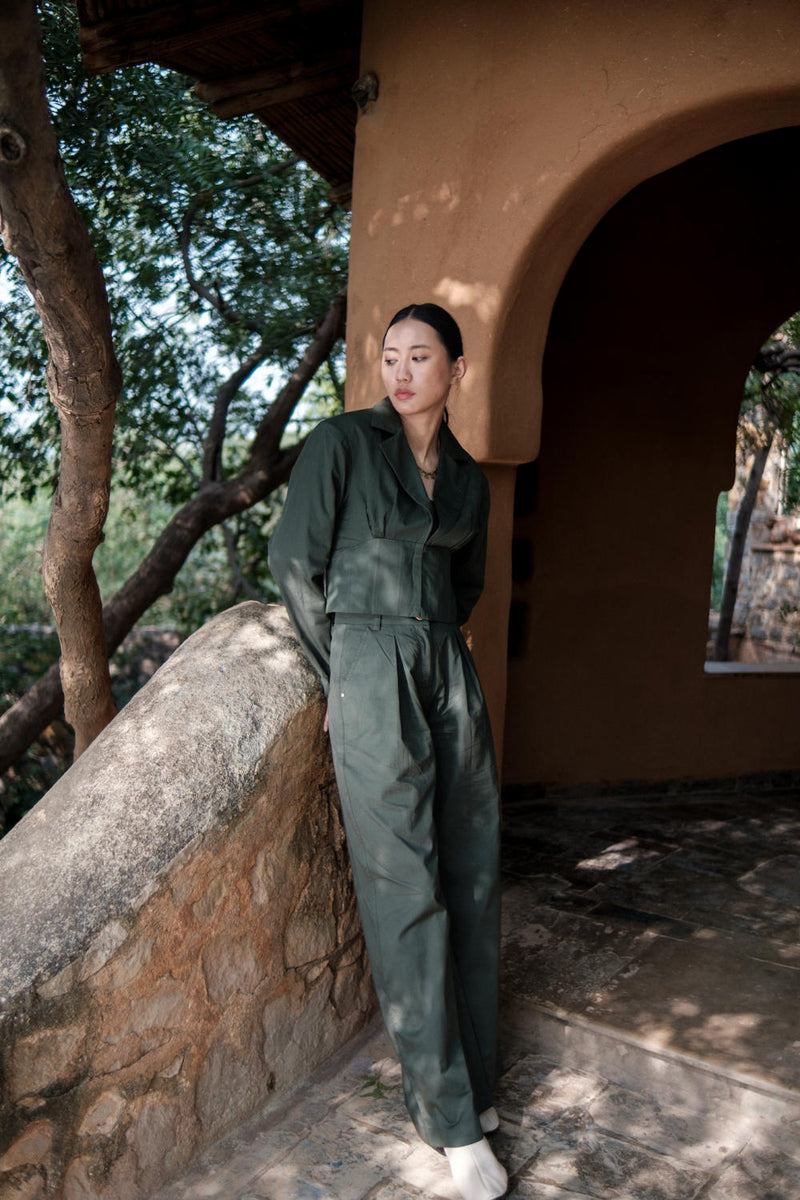 Milano Blazer-Deep Green cotton by The Terra Tribe in green color for women in Singapore