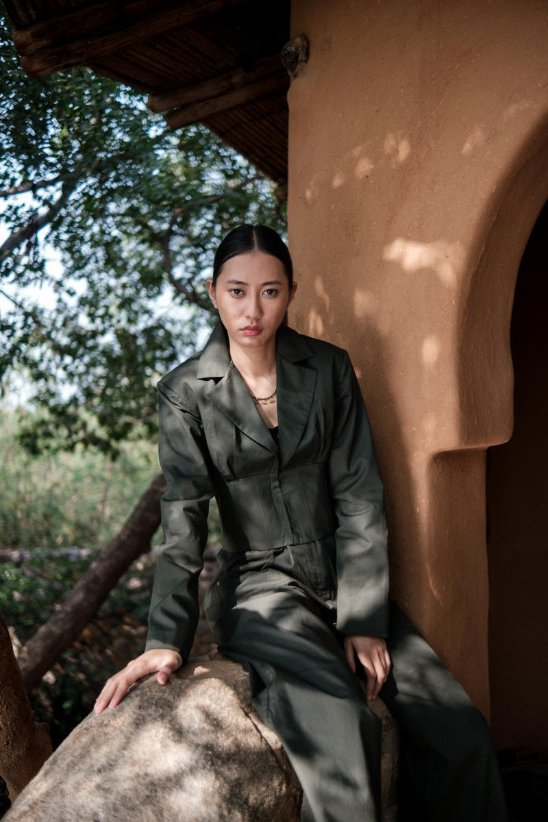 Milano Blazer-Deep Green cotton by The Terra Tribe in green color for women in Singapore