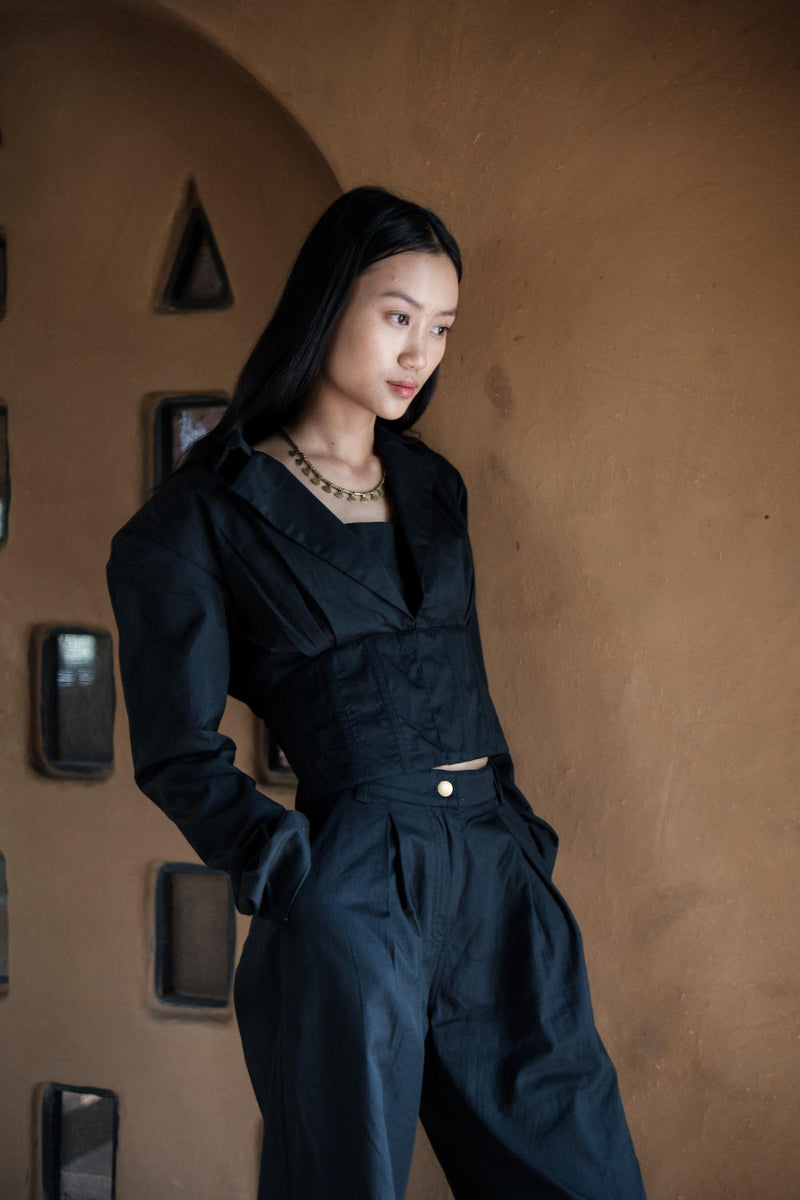 Milano Blazer-Black cotton by The Terra Tribe in black color for women in Singapore