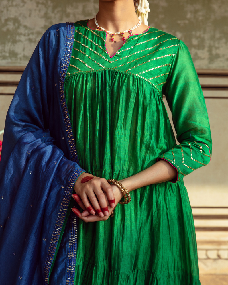 Green & Blue Chanderi Silk Embroidered Tiered Kurta Set silk Buy Green & Blue Chanderi Silk Embroidered Tiered Kurta Set from C&W | Kurta/Kurta Sets for Women by Maison Shefali in multi color for women in Singapore