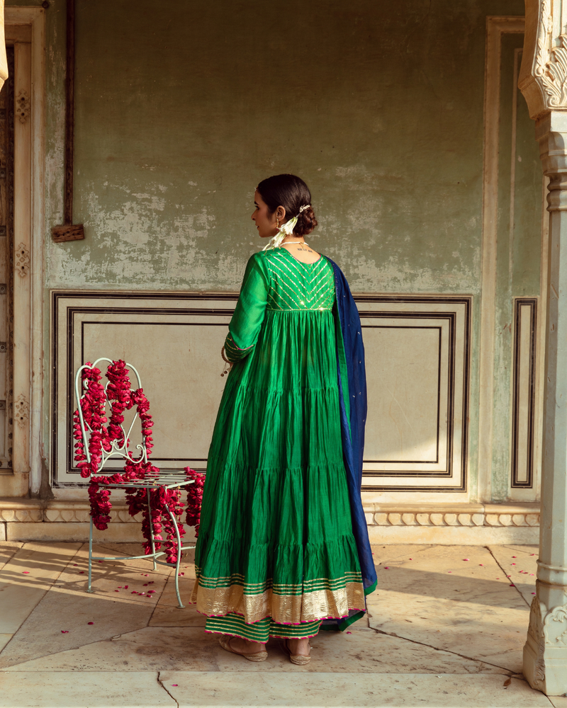 Green & Blue Chanderi Silk Embroidered Tiered Kurta Set silk Buy Green & Blue Chanderi Silk Embroidered Tiered Kurta Set from C&W | Kurta/Kurta Sets for Women by Maison Shefali in multi color for women in Singapore