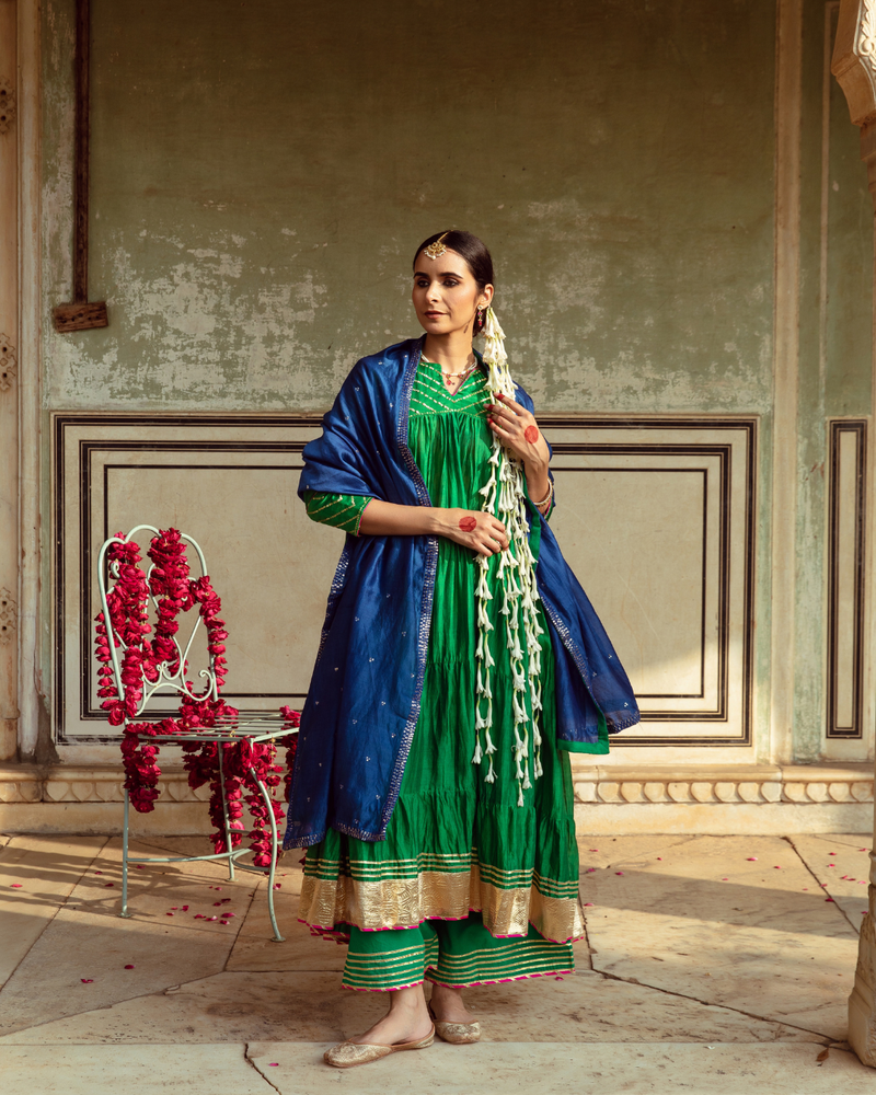 Green & Blue Chanderi Silk Embroidered Tiered Kurta Set silk Buy Green & Blue Chanderi Silk Embroidered Tiered Kurta Set from C&W | Kurta/Kurta Sets for Women by Maison Shefali in multi color for women in Singapore