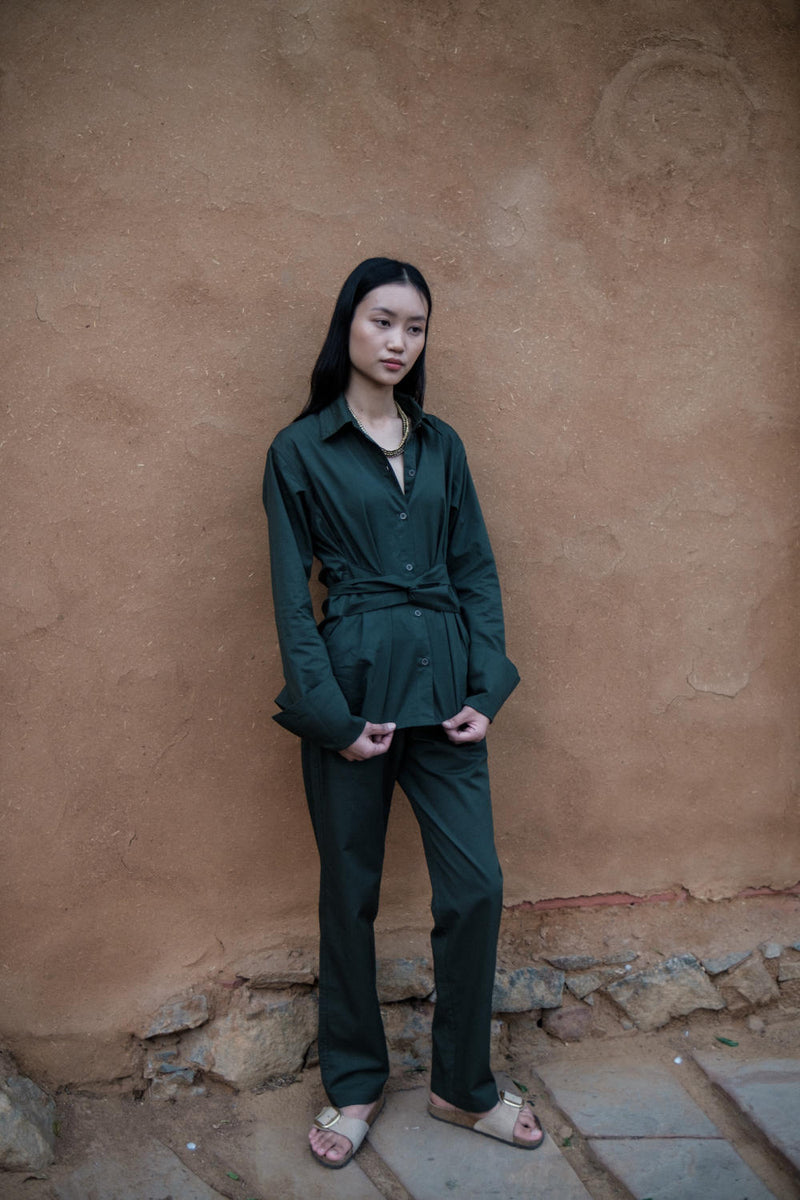 Sandra Straight Pants-Deep Green cotton by The Terra Tribe in green color for women in Singapore