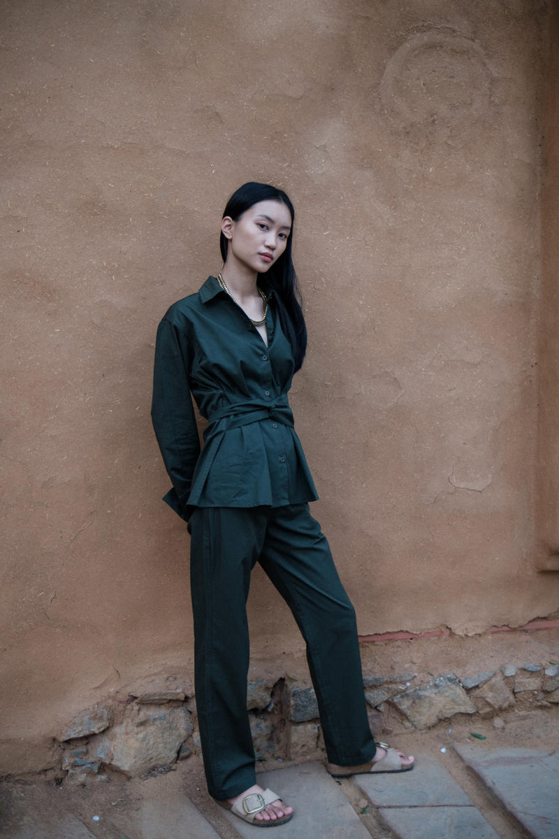 Sandra Straight Pants-Deep Green cotton by The Terra Tribe in green color for women in Singapore