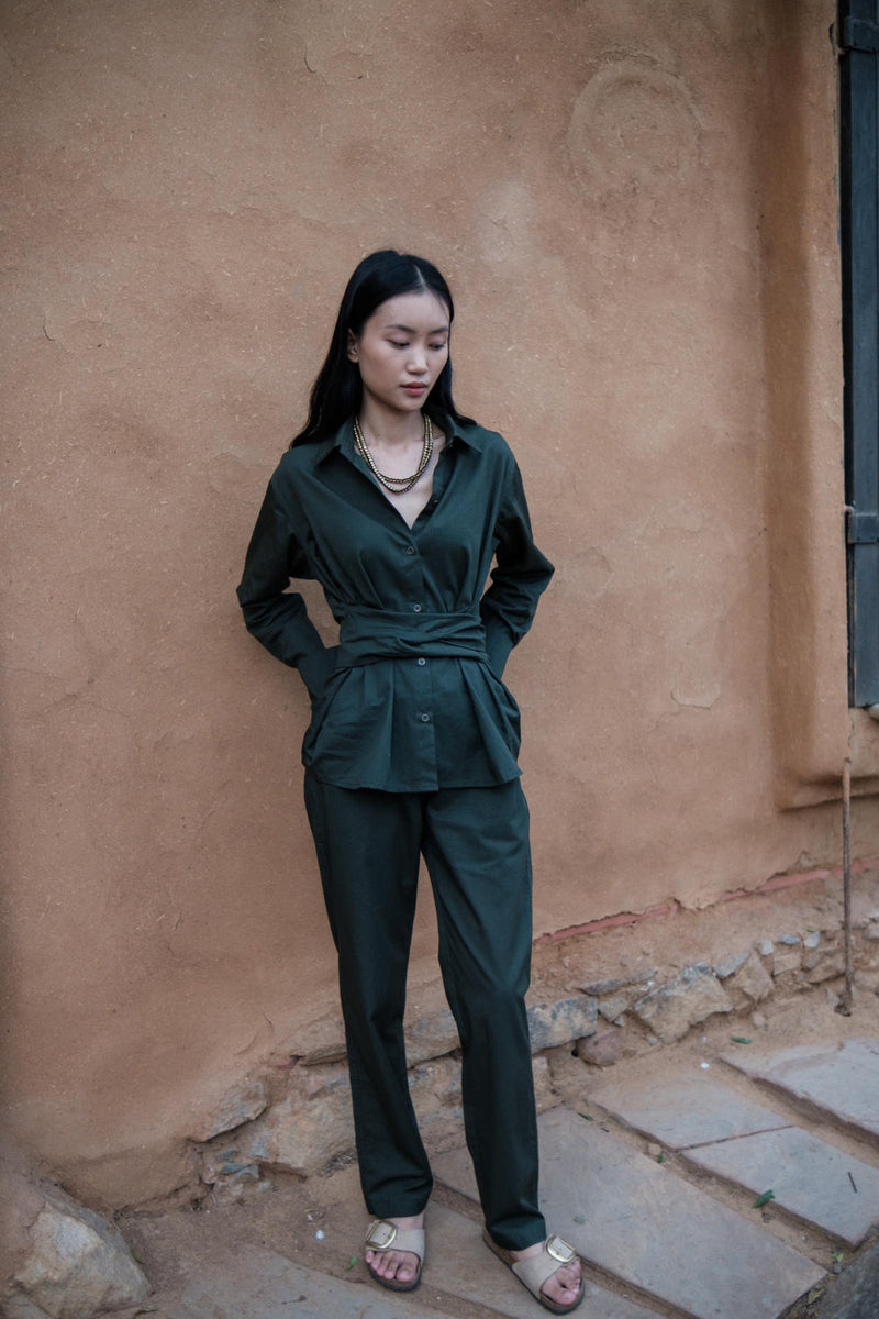 Sandra Straight Pants-Deep Green cotton by The Terra Tribe in green color for women in Singapore