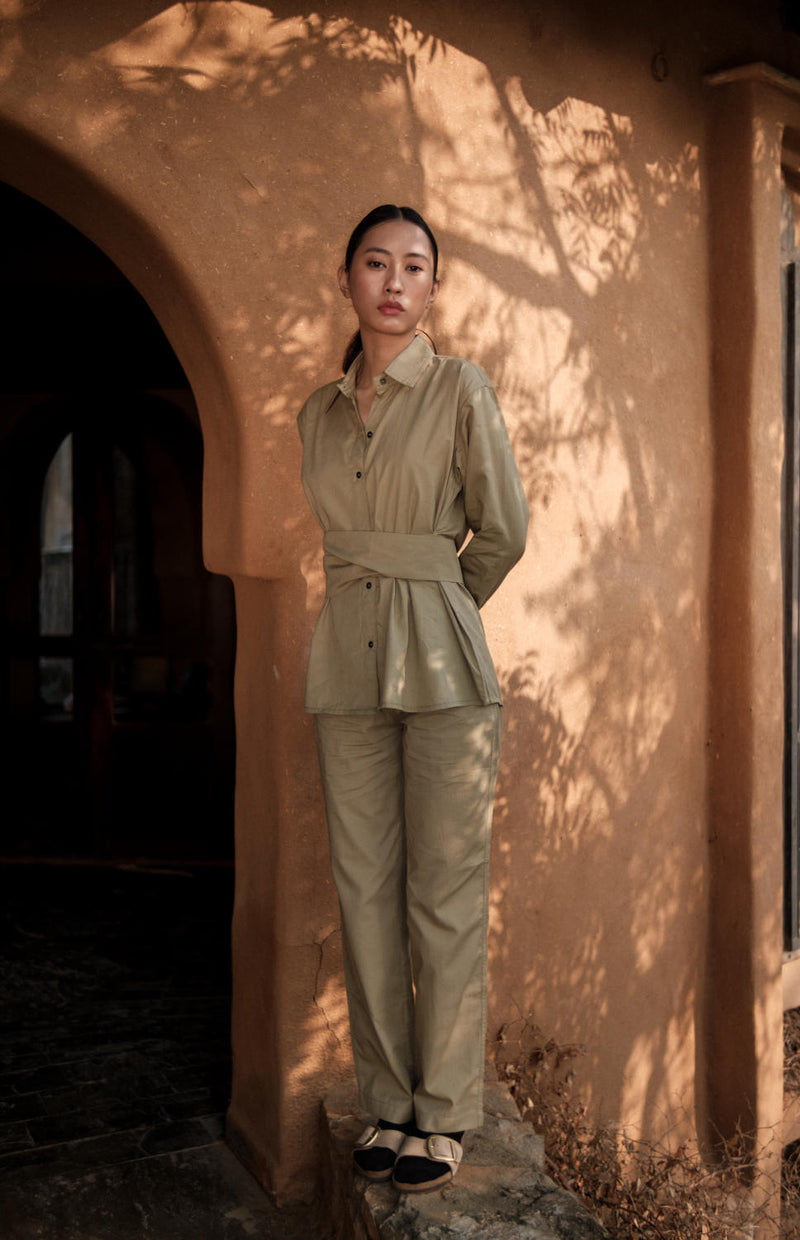 Sandra Straight Pants-Khaki cotton by The Terra Tribe for women in Singapore
