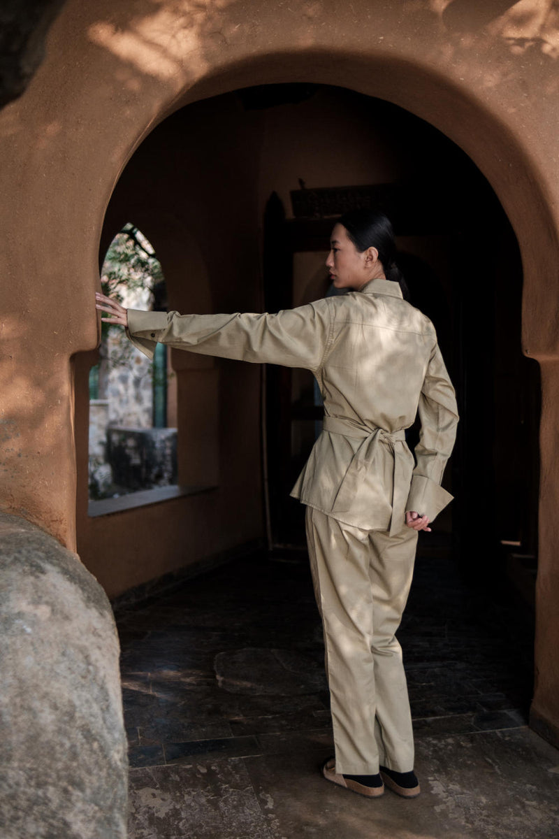 Sandra Straight Pants-Khaki cotton by The Terra Tribe for women in Singapore
