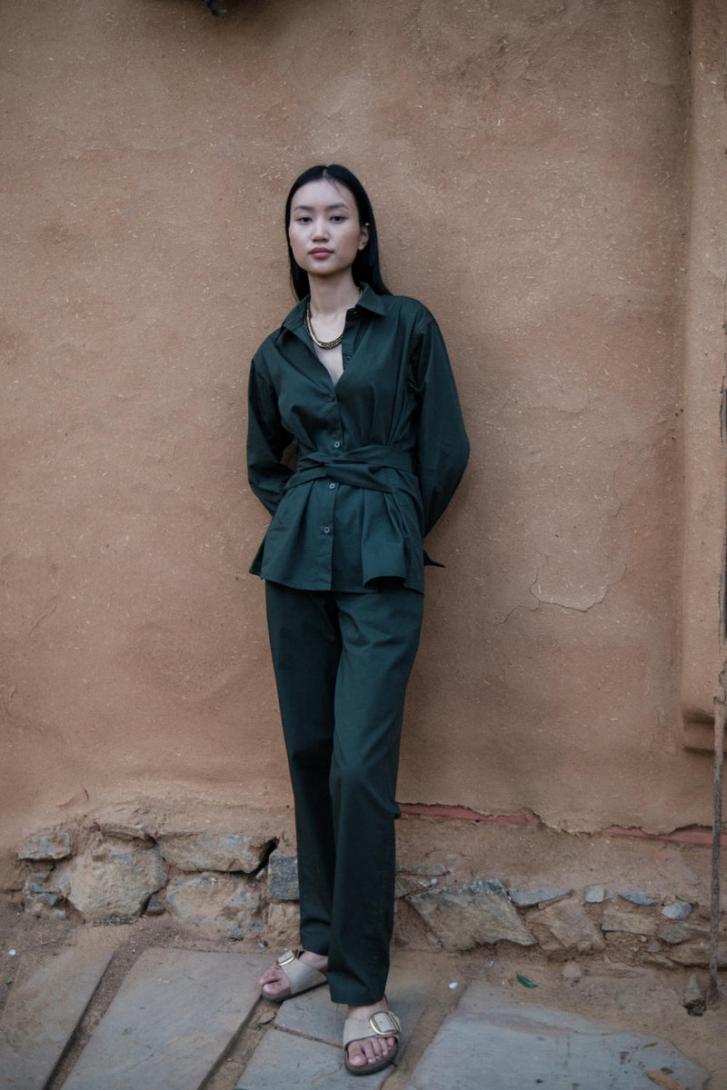 Sandra Straight Pants-Deep Green cotton by The Terra Tribe in green color for women in Singapore