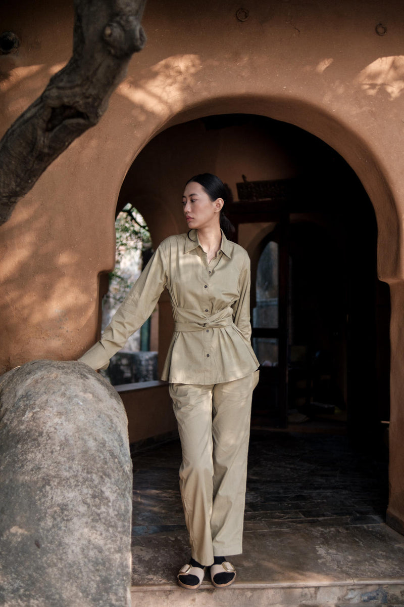 Sandra Straight Pants-Khaki cotton by The Terra Tribe for women in Singapore