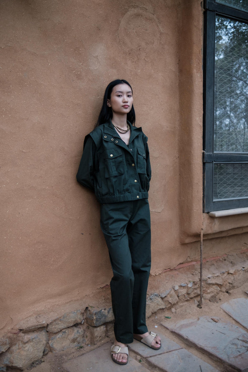 Sandra Straight Pants-Deep Green cotton by The Terra Tribe in green color for women in Singapore
