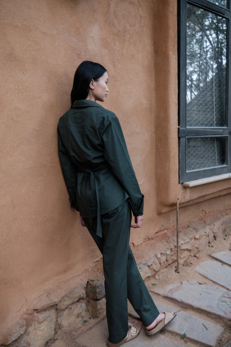 Sandra Straight Pants-Deep Green cotton by The Terra Tribe in green color for women in Singapore
