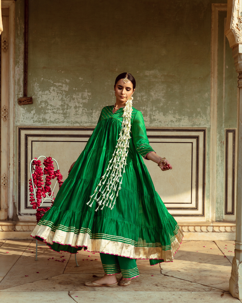 Green & Blue Chanderi Silk Embroidered Tiered Kurta Set silk Buy Green & Blue Chanderi Silk Embroidered Tiered Kurta Set from C&W | Kurta/Kurta Sets for Women by Maison Shefali in multi color for women in Singapore