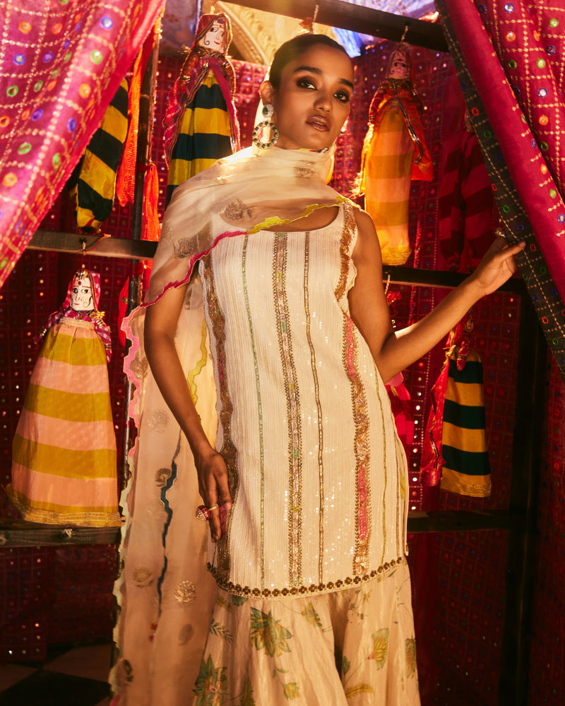 Khel Ivory Gharara Set silk by Rajiramniq in ivory color for women in Singapore