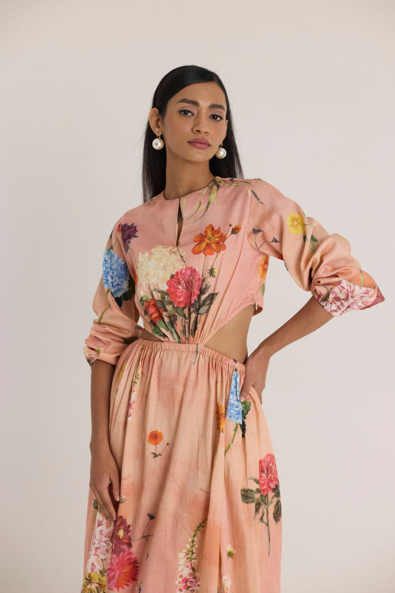 BUTTERCUP BOTH SIDE CUT DRESS satin by Yam in peach color for women in Singapore