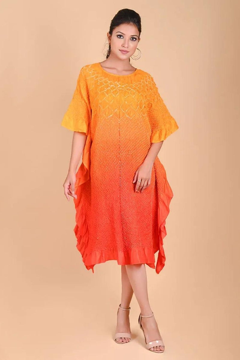 SUNFLOWER KAFTAN-YELLOW ORANGE SHADED silk by Dyelogue in multi color for women in Singapore