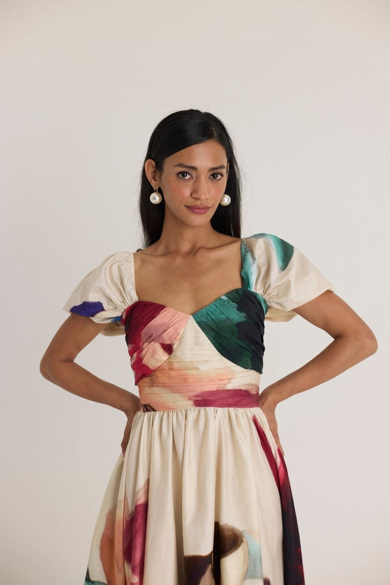 LILA PUFF SLEEVE DRESS satin by Yam in white color for women in Singapore