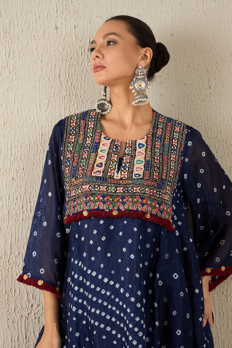 AFGHANI BANDHANI SET - Navy Blue silk by Aavidi in yellow color for women in Singapore