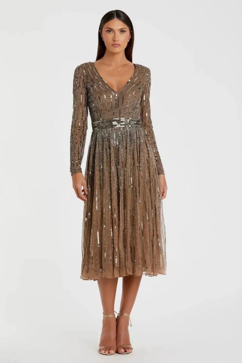 Brown Long Sleeve Tea Length Dress by Mac Duggal for women in Singapore