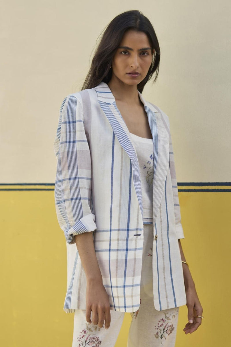 Talia Check Linen Co-ord Set
-Ivory linen by Manan in ivory color for women in Singapore