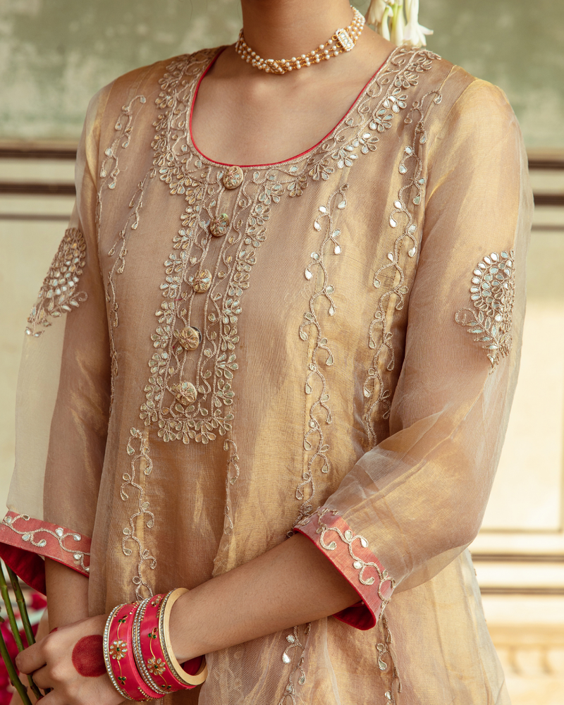 Golden Tissue Silk Kurta Set silk Buy Golden Tissue Silk Kurta Set from C&W | Kurta/Kurta Sets for Women by Maison Shefali in multi color for women in Singapore