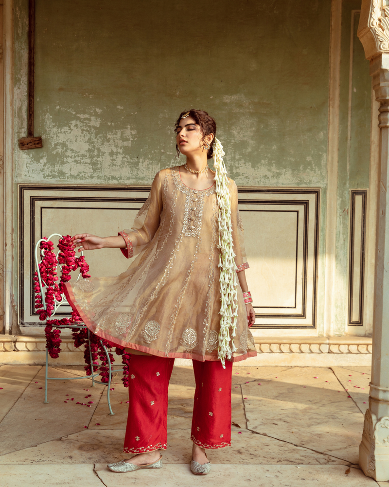 Golden Tissue Silk Kurta Set silk Buy Golden Tissue Silk Kurta Set from C&W | Kurta/Kurta Sets for Women by Maison Shefali in multi color for women in Singapore