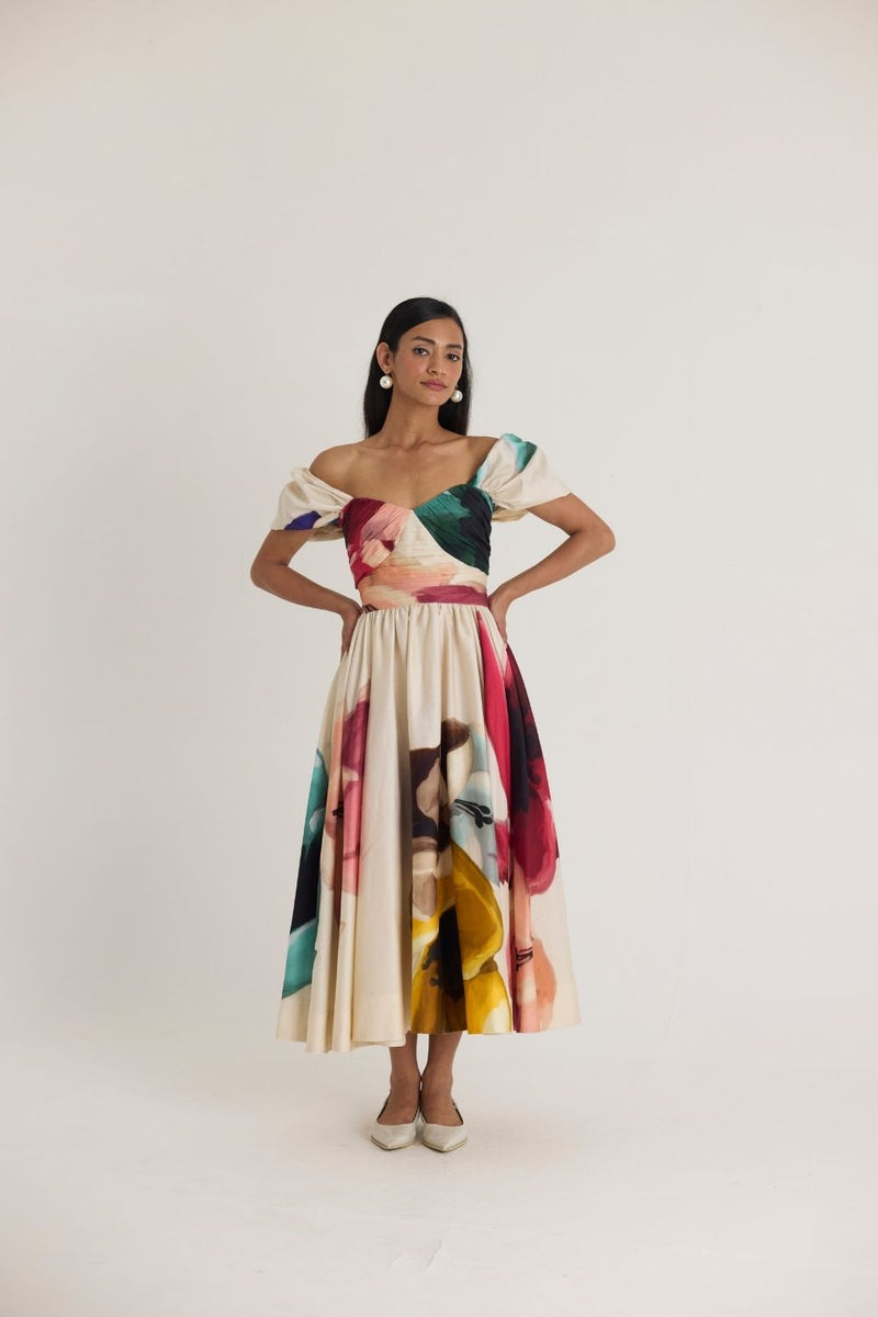 LILA PUFF SLEEVE DRESS satin by Yam in white color for women in Singapore